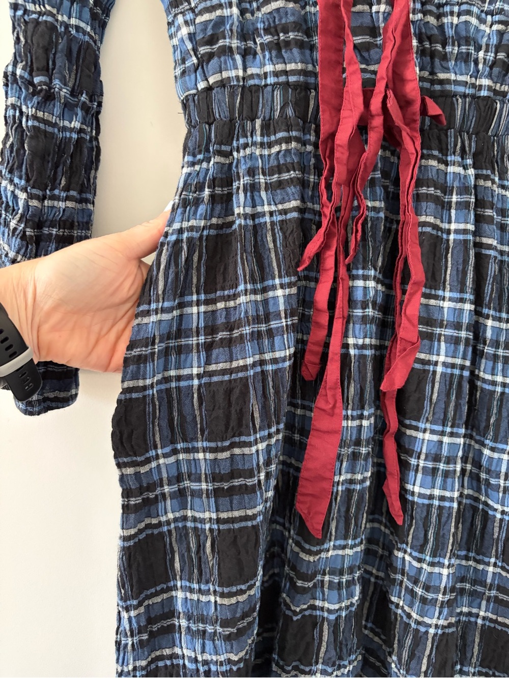 Plaid Midi Dress with Burgundy Tie Detail - Blue - Picture 5 of 11
